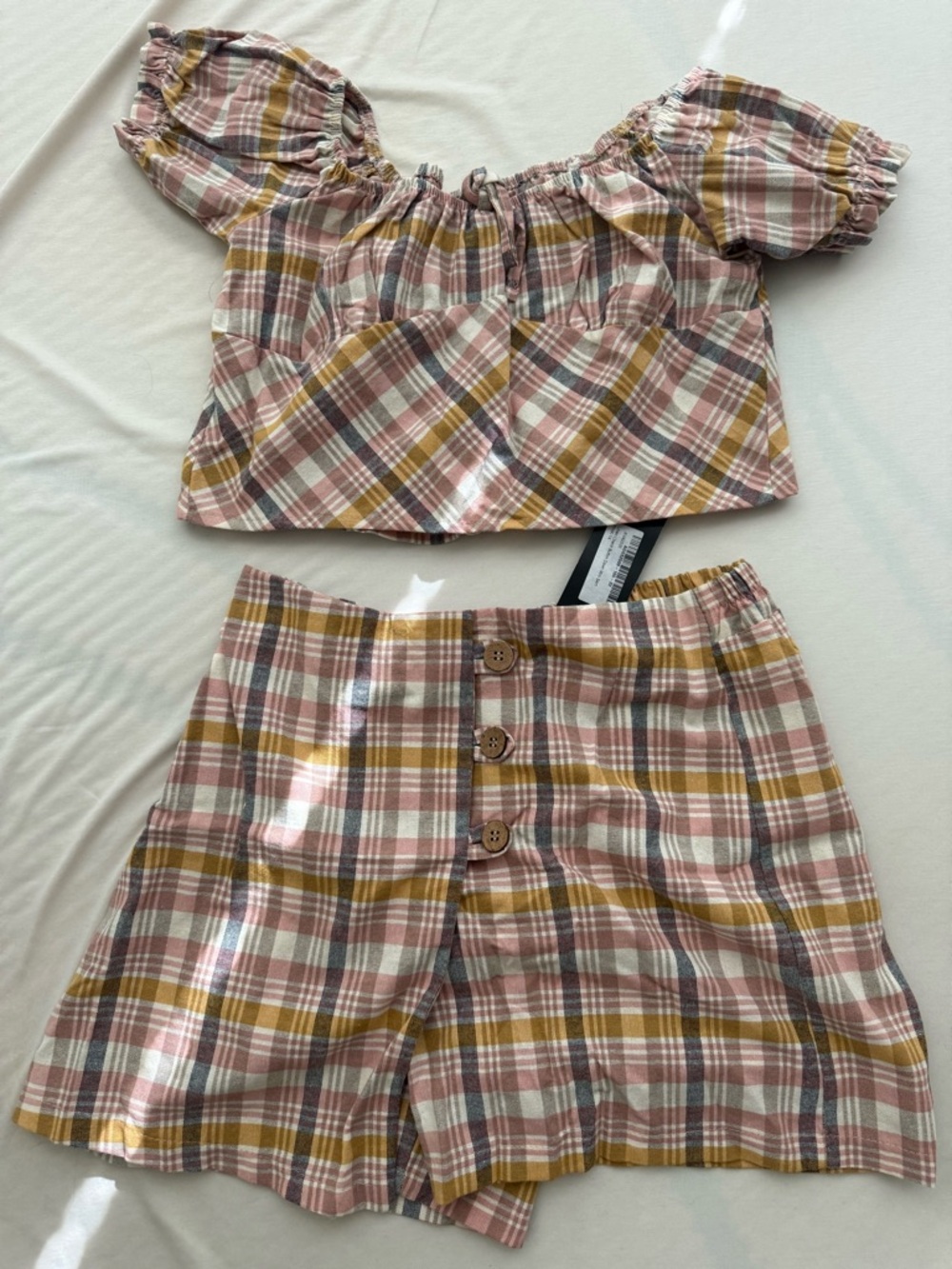 Plaid Linen Two-Piece Crop Top & Button Front Skirt Set